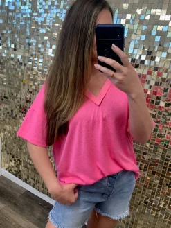 Drop Shoulder V-Neck Basic Tee by POL - Barbie Pink