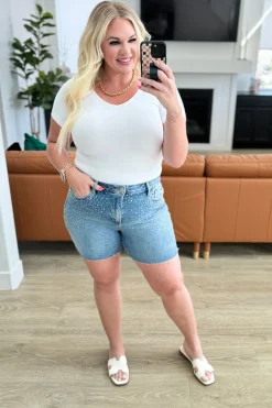 Elle High Rise Rhinestone Cutoff Shorts by Judy Blue