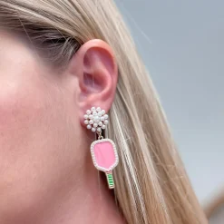 Ellie Pickleball Pearl Cluster Drop Earrings - Pink