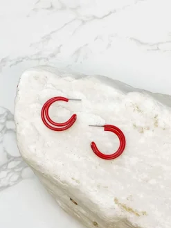 Enamel Double Open Hoop Earrings - Burgundy