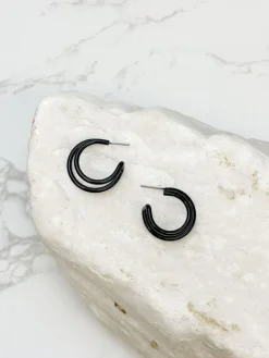 Enamel Double Open Hoop Earrings - Black