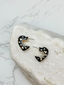 Enamel Heart Gold Mini Hoop Earrings - Jet