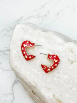 Enamel Heart Gold Mini Hoop Earrings - Red