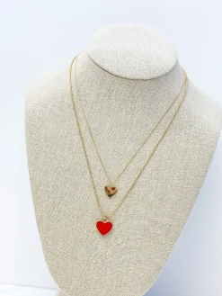 Enamel Heart Layered Necklace - Red