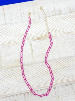 Enamel Paperclip Chain Necklace - Pink