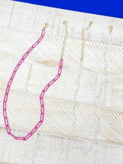 Enamel Paperclip Chain Necklace - Pink