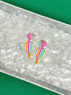 Enamel Pickleball Dangle Earrings - Multi Stripe