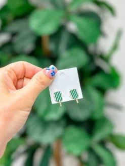 Enamel Pickleball Stud Earrings - Green Stripe