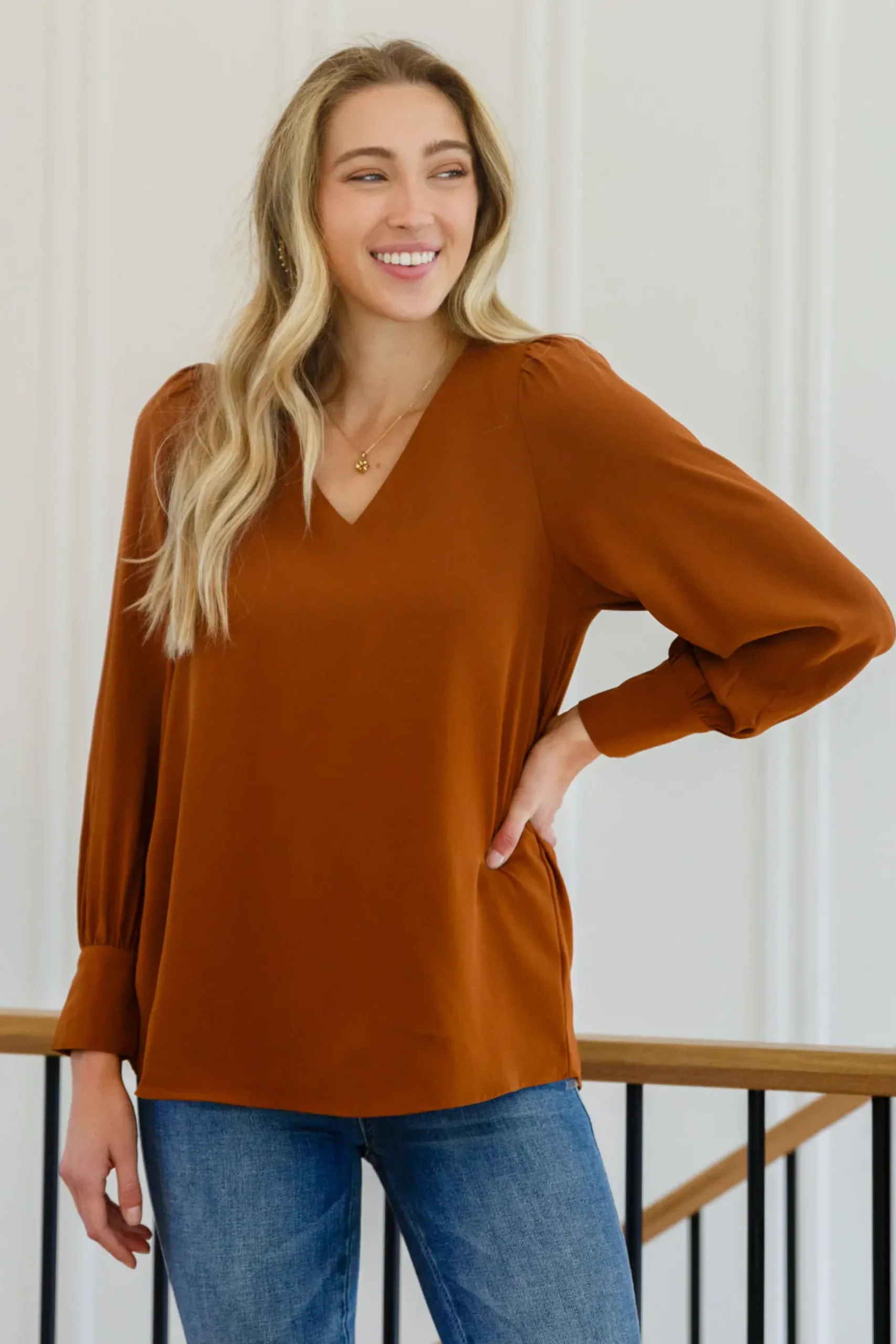 Enjoy This Moment V Neck Blouse In Toffee