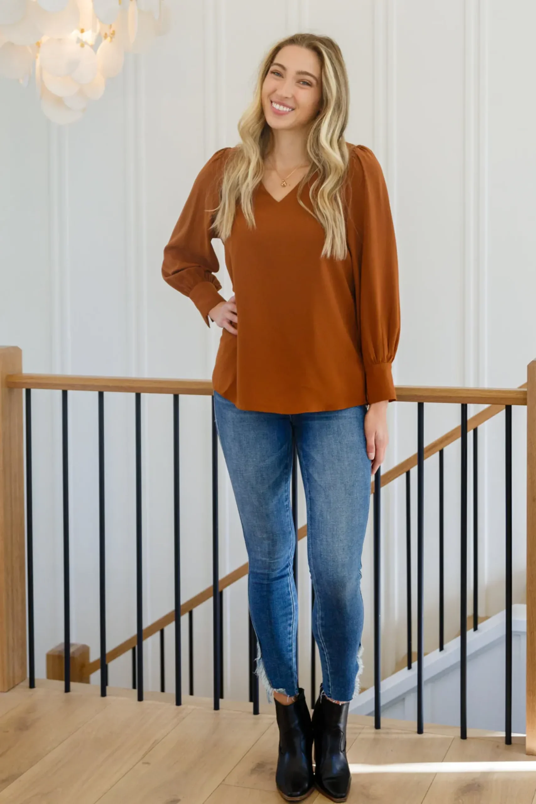Enjoy This Moment V Neck Blouse In Toffee