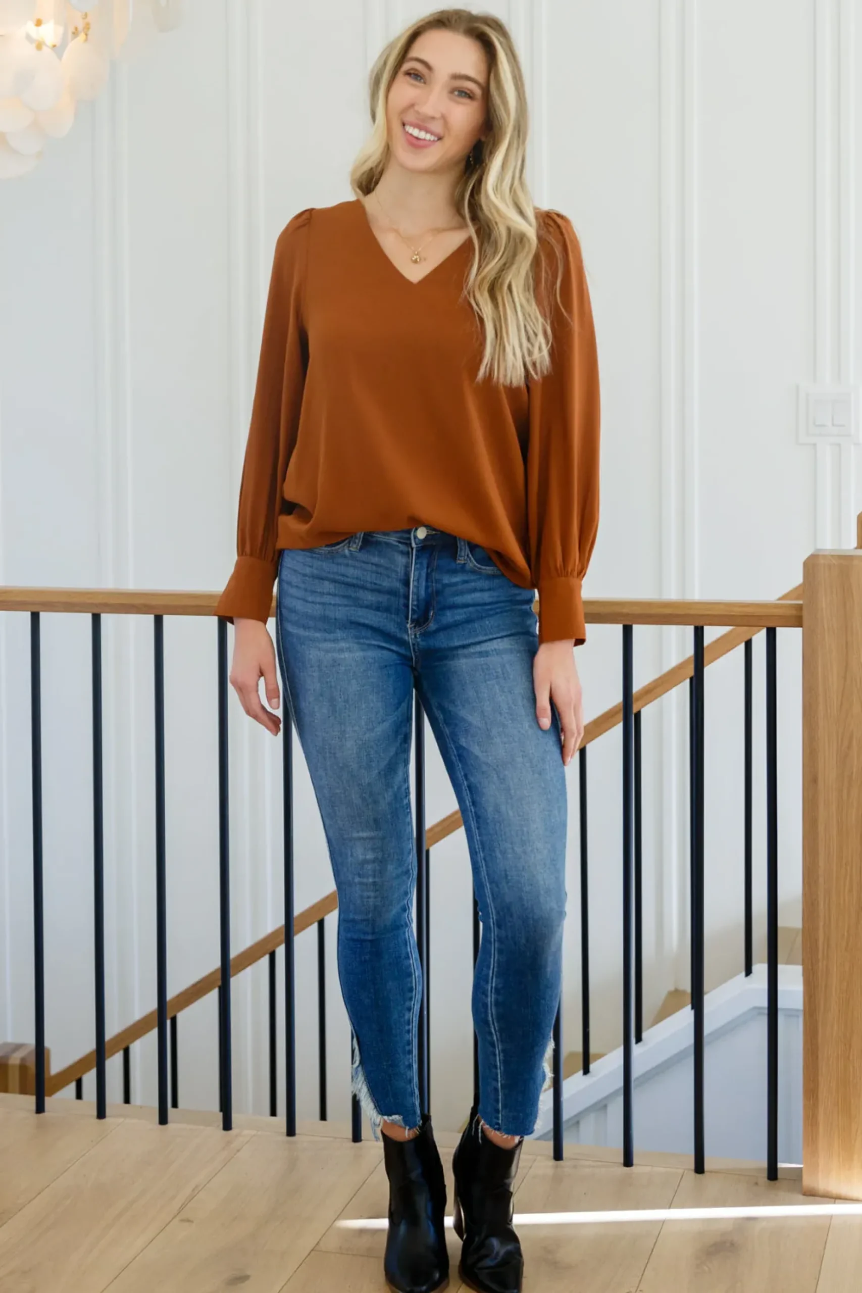Enjoy This Moment V Neck Blouse In Toffee