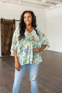 Fabled in Floral Draped Peplum Top in Ivory