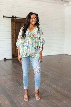 Fabled in Floral Draped Peplum Top in Ivory