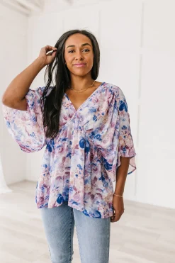 Fabled in Floral Draped Peplum Top in Blue