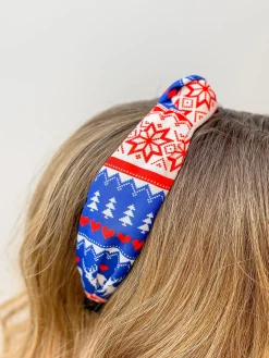 Fair Isle Printed Top Knot Headband - Red & Blue