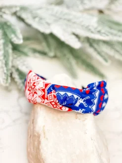 Fair Isle Printed Top Knot Headband - Red & Blue