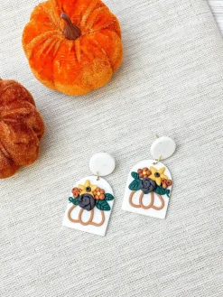 Fall Flowers Clay Dangle Earrings - White