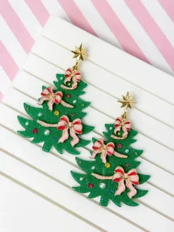 Festive Christmas Tree Dangle Earrings - Pink Bow