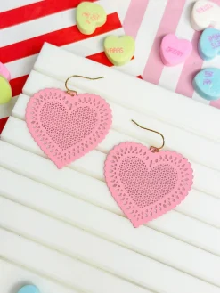 Filigree Heart Dangle Earrings - Pink