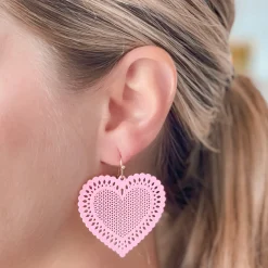 Filigree Heart Dangle Earrings - Pink