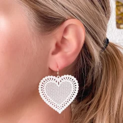 Filigree Heart Dangle Earrings - White