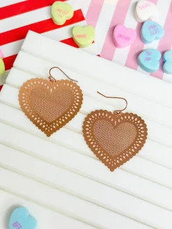 Filigree Heart Dangle Earrings - Rose Gold