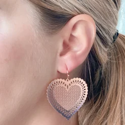 Filigree Heart Dangle Earrings - Rose Gold