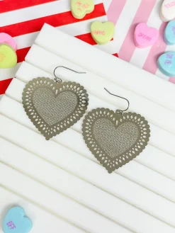 Filigree Heart Dangle Earrings - Silver