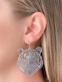 Filigree Tiger Dangle Earrings - Silver