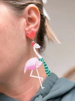 Flamingo Santa Hat Glitter Acrylic Dangle Earrings