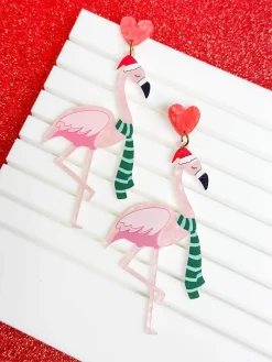 Flamingo Santa Hat Glitter Acrylic Dangle Earrings