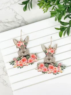 Floral Bunny Rabbit Dangle Earrings
