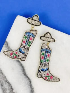 Floral Cowboy Boot Beaded Dangle Earrings