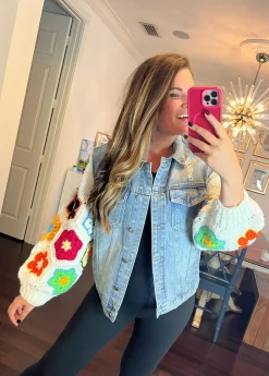 Floral Crochet Sleeve Denim Jacket