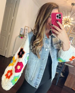 Floral Crochet Sleeve Denim Jacket