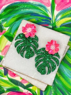 Floral Monstera Glitter Statement Earrings