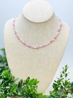 Flower Beaded Necklace - Pink & Purple