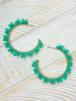 Flower Fringe Hoop Earrings - Green