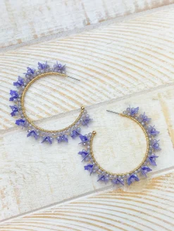 Flower Fringe Hoop Earrings - Lavender