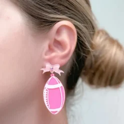 Football Bow Drop Earrings - Pink