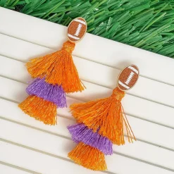 Football Tiered Glitter Tassel Dangle Earrings - Orange & Purple