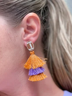 Football Tiered Glitter Tassel Dangle Earrings - Orange & Purple