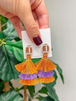 Football Tiered Glitter Tassel Dangle Earrings - Orange & Purple