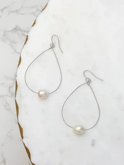 Freshwater Pearl Minimalist Oval Earrings - Silver