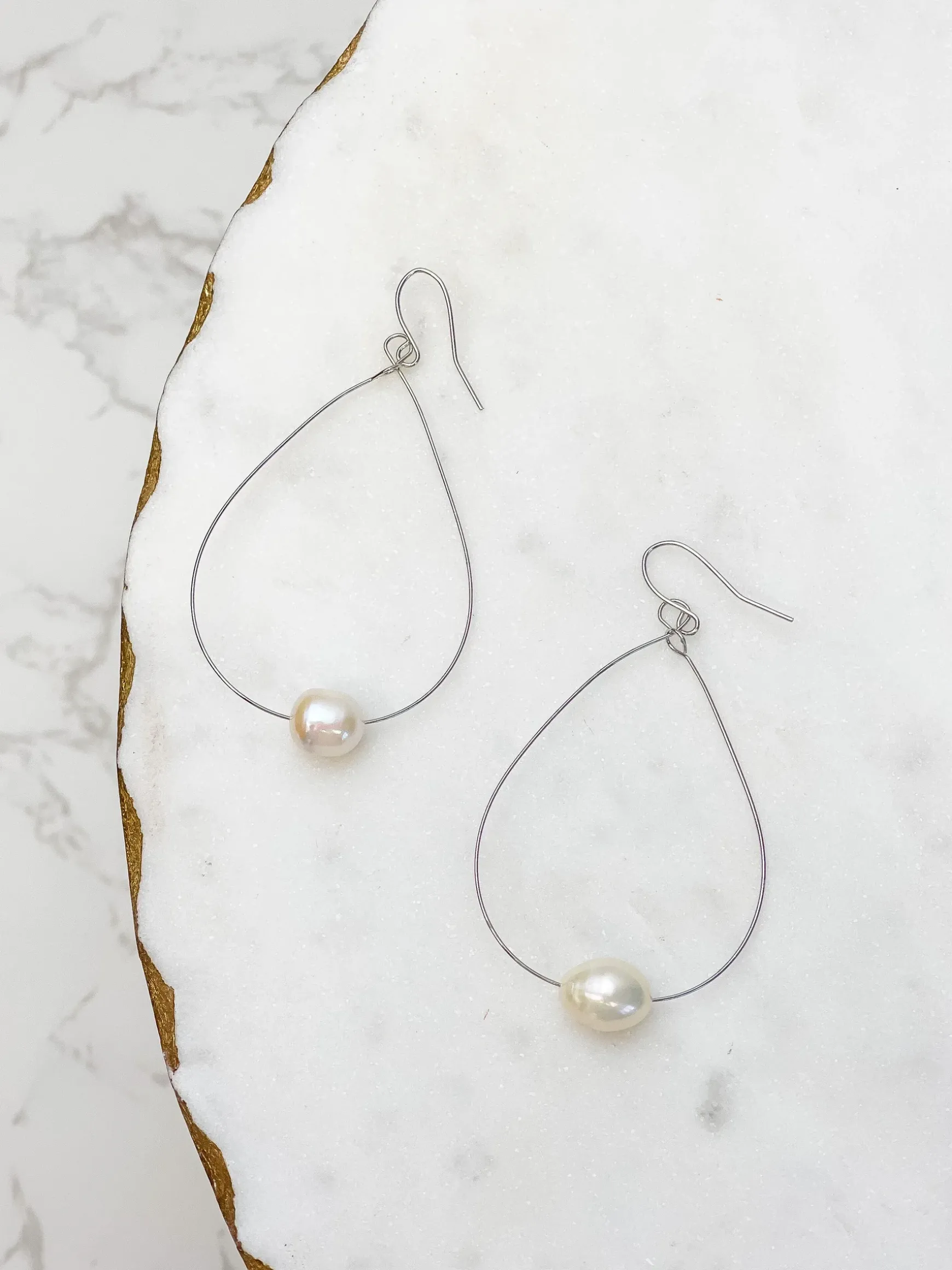 Freshwater Pearl Minimalist Oval Earrings - Silver
