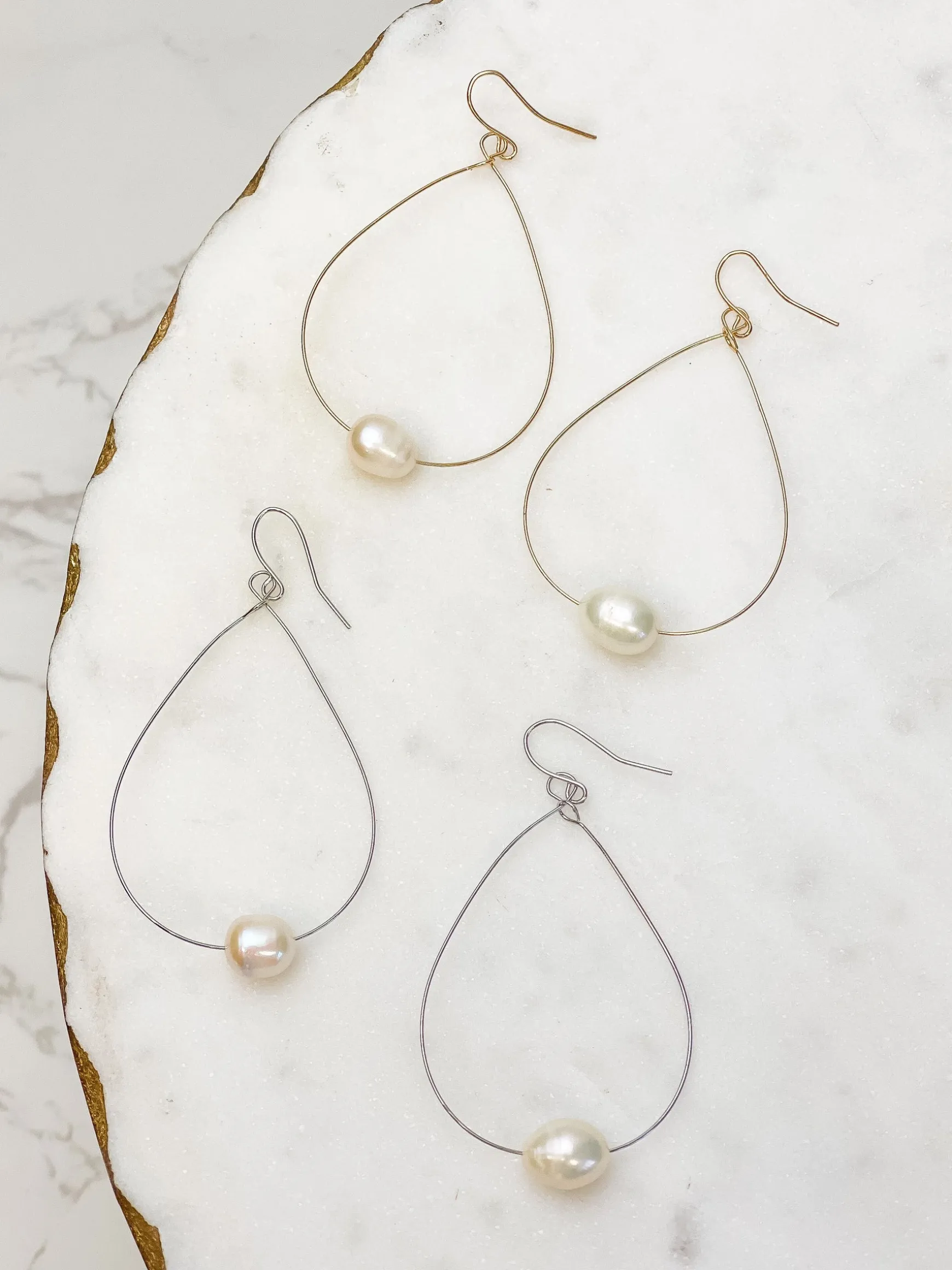 Freshwater Pearl Minimalist Oval Earrings - Silver