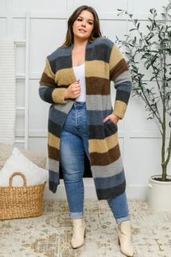 Fuzzy Longline Cardigan In Blue & Cocoa