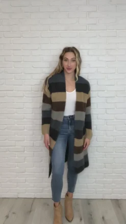 Fuzzy Longline Cardigan In Blue & Cocoa