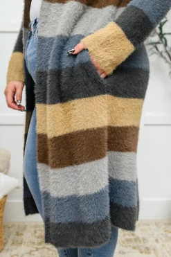 Fuzzy Longline Cardigan In Blue & Cocoa