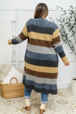 Fuzzy Longline Cardigan In Blue & Cocoa